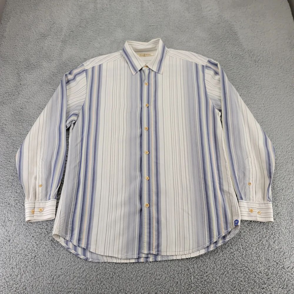 Tommy Bahama Shirt Mens Medium Tan Striped Silk Long Sleeve Button Up Relax